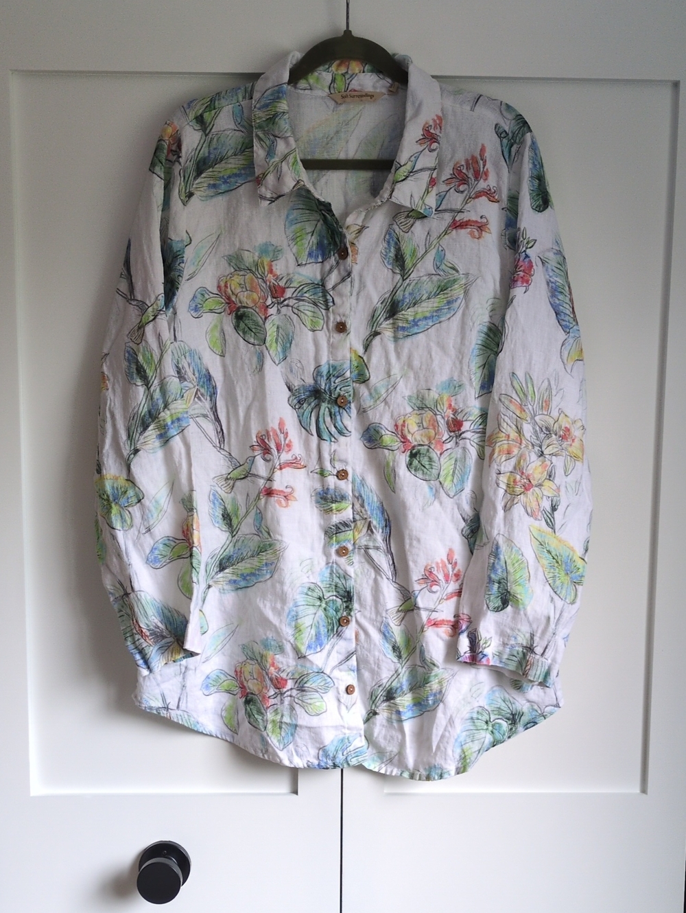 Soft Surroundings XL 100% Linen Botanical Button Down Shirt Tropical Garden